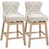 HOMCOM Upholstered Fabric Bar Height Bar Stools, 180° Swivel Nailhead-Trim Pub Chairs, 30" Seat Height with Rubber Wood Legs, Set of 2, Cream