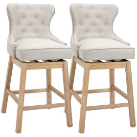 HOMCOM Upholstered Fabric Bar Height Bar Stools, 180° Swivel Nailhead-Trim Pub Chairs, 30" Seat Height with Rubber Wood Legs, Set of 2, Cream