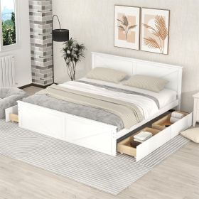 King Size Wooden Platform Bed with Four Storage Drawers and Support Legs, White