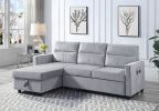 Ruby Light Gray Velvet Reversible Sleeper Sectional Sofa with Storage Chaise and Side Pocket