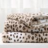 Printed Faux Rabbit Fur Throw, Lightweight Plush Cozy Soft Blanket, 50" x 60", Sand Leopard