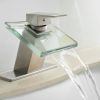 Waterfall Single Hole Single-Handle Low-Arc Bathroom Faucet With Glass Spout In Brushed nickel