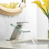 Waterfall Single Hole Single-Handle Low-Arc Bathroom Faucet With Glass Spout In Brushed nickel
