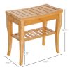 HOMCOM Long Bamboo Shower Bench Seat, 20" Wooden Spa Shower Stool with Underneath Storage Shelf Shoe Organizer