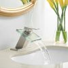 Waterfall Single Hole Single-Handle Low-Arc Bathroom Faucet With Glass Spout In Brushed nickel