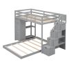 Twin Over Full Bunk Bed with 3-layer Shelves, Drawers and Storage Stairs, Gray