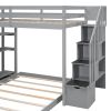 Twin Over Full Bunk Bed with 3-layer Shelves, Drawers and Storage Stairs, Gray