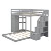 Twin Over Full Bunk Bed with 3-layer Shelves, Drawers and Storage Stairs, Gray