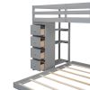 Twin Over Full Bunk Bed with 3-layer Shelves, Drawers and Storage Stairs, Gray
