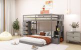 Twin Over Full Bunk Bed with 3-layer Shelves, Drawers and Storage Stairs, Gray