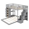 Twin Over Full Bunk Bed with 3-layer Shelves, Drawers and Storage Stairs, Gray