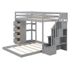 Twin Over Full Bunk Bed with 3-layer Shelves, Drawers and Storage Stairs, Gray