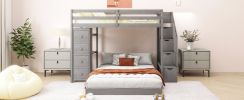 Twin Over Full Bunk Bed with 3-layer Shelves, Drawers and Storage Stairs, Gray