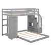 Twin Over Full Bunk Bed with 3-layer Shelves, Drawers and Storage Stairs, Gray