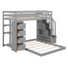 Twin Over Full Bunk Bed with 3-layer Shelves, Drawers and Storage Stairs, Gray