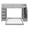 Twin Over Full Bunk Bed with 3-layer Shelves, Drawers and Storage Stairs, Gray