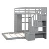 Twin Over Full Bunk Bed with 3-layer Shelves, Drawers and Storage Stairs, Gray