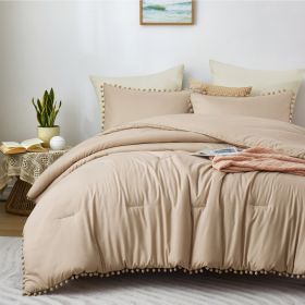 Boho Comforter Set, Boho Bedding set with Pom Poms Fringe Design, 1 Aesthetic Comforter and 2 Pillowshams (Color: Beige)